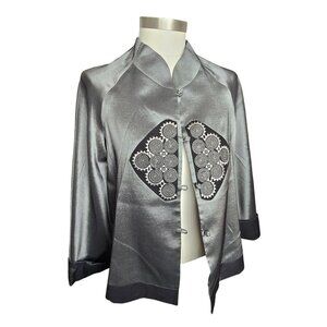 Vintage Cathayana Womens Embroidered Silver Satin Asian Style Jacket XL HS168